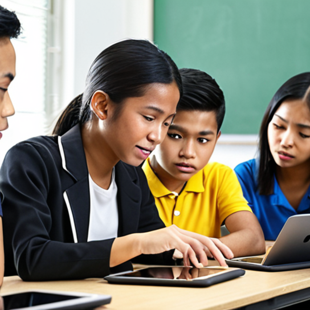 ** A diverse group of Malaysian students of different ethnicities are using tablets and laptops in a modern classroom. The screen of one tablet shows a personalized learning app adapting in real-time based on the student's answers. The atmosphere is engaging and collaborative.

**
