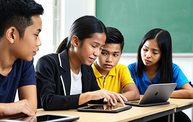 ** A diverse group of Malaysian students of different ethnicities are using tablets and laptops in a modern classroom. The screen of one tablet shows a personalized learning app adapting in real-time based on the student's answers. The atmosphere is engaging and collaborative.
**