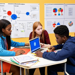 **

A diverse group of students studying together, some using laptops and others engaged in discussion, with diagrams and mind maps visible. The scene should evoke a sense of collaboration and effective learning, similar to a team working effectively.

**