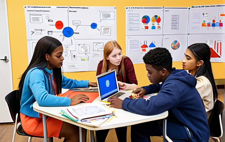 **
A diverse group of students studying together, some using laptops and others engaged in discussion, with diagrams and mind maps visible. The scene should evoke a sense of collaboration and effective learning, similar to a team working effectively.
**